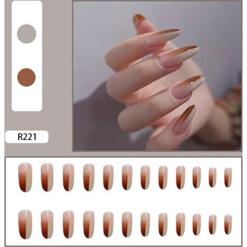 24Pcs/Set Color Matching Fake Nails Glue Type Removable Round Head Long Paragraph Fashion Artificial Manicure Set Nail Art Tools