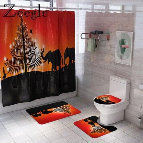 Zeegle Printed Creative Mat Set Toilet Shower Curtain Lid Toilet Cover Bath Mat for Home Decoration Anti-slip Bath Floor Rug