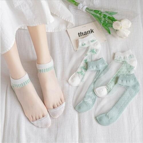 New Socks Female Japanese Harajuku Ins Tide Green Leaf Plaid Printed Socks Korean Students Shallow Mouth Socks Women