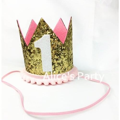 Handmade Glitter Gold Pink Princess Girl 1st First Birthday Party Crown Hats Queen Party Decorations Smash Cake Photo Props