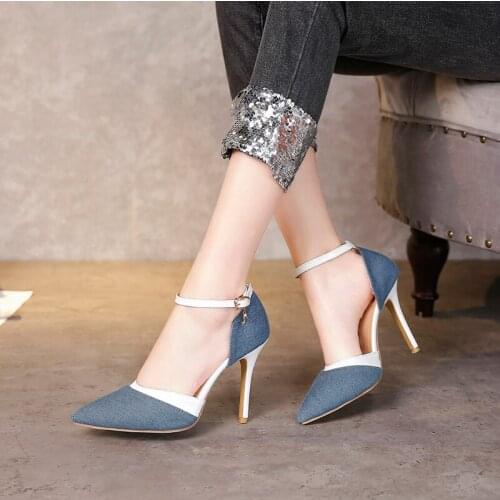Spring 2019 new sandals sexy pointed button Thin High Heels Sandals denim womens shoes size 30-47
