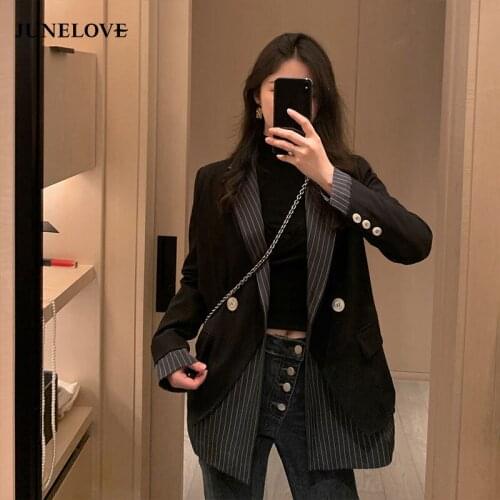 JuneLove Spring New Korean Fashion Fake Two Pieces Blazers Jackets Vintage Office Lady Striped Outwears Casual Street Blazers