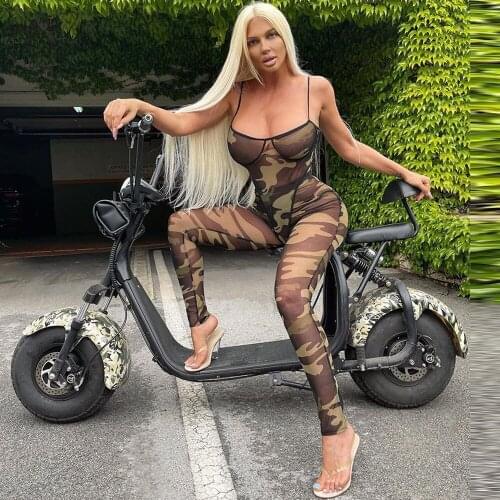 Sheer Mesh Camouflage Print 2 Piece Club Outfits Spaghetti Strap One Piece Bodysuit and Skinny Legging See Through Tracksuits