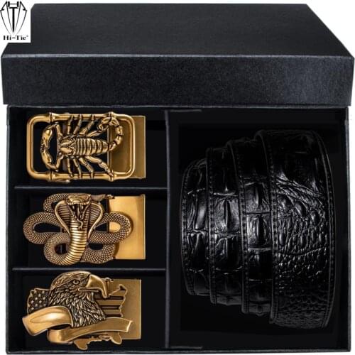 Luxury Boxed Mens Belts Set Black Crocodile Pattern Leather Men Waist Belt Gold Tiger Lion Eagle Bat Cobra Automatic Buckle Belt