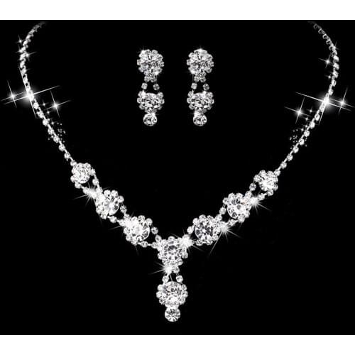 Luxury Female White Crystal Jewelry Set Charm Silver Color Wedding Dangle Earrings For Women Cute Bridal Flower Chain Necklace