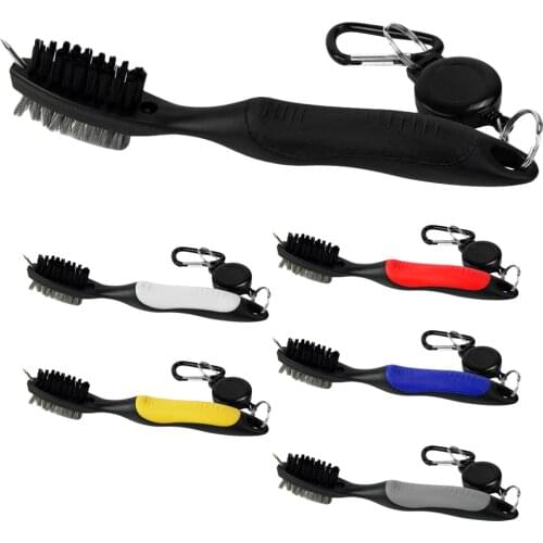 Premium Golf Club Brush with Groove Cleaner Retractable Cord Double Bristles