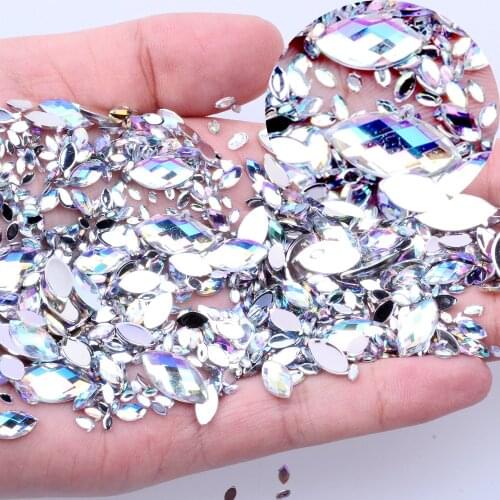Mix 7 Size 600pcs Set Acrylic Crystal AB Marquise Earth Face Flat Back Rhinestones Shiny Beads DIY Nail Art Jewelry Decoration