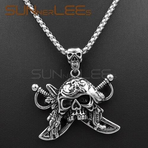 SUNNERLEES NEW Fashion Jewelry Stainless Steel Punk Pirates Captain Skull Pendant Necklace Link Chain For Mens Womens SP02