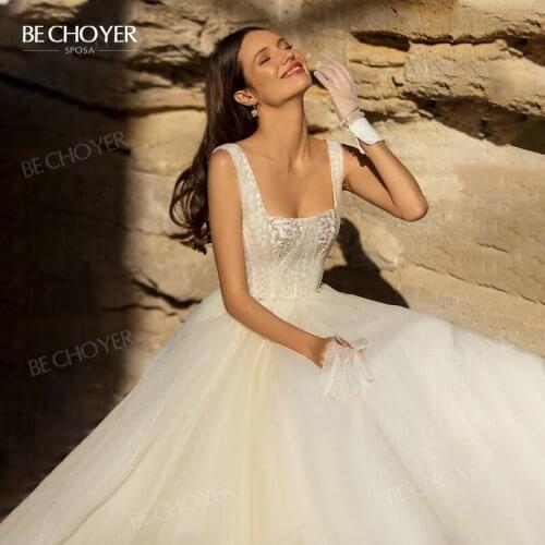 Wedding Dress Sleeveless A-Line Appliqued Square Collar Court Train Bride Gown 2021 Princess BECHOYER EL154 Vestido de Noiva