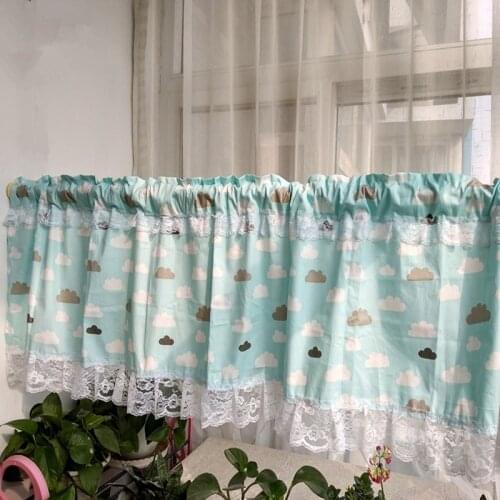 Light Blue Cloud Cotton Splice Lace Edge Decorative Coffee Curtain Multi-function Partition curtain 150cm Width