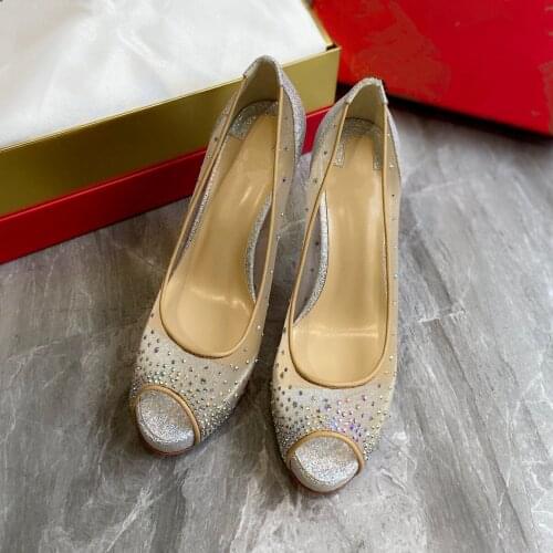 Casual Designer sexy lady fashion women shoes Nude Mesh Crystal Strass Peep Toe stiletto stripper High heels Prom Evening pumps