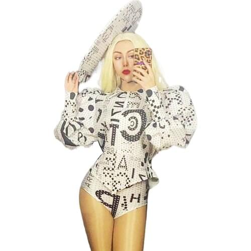 Pattern Printing Suits Puff Sleeve Coat Tights Bodysuit Belt Hat Nightclub Dance Show Wear Party Evening Costume Performance