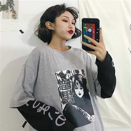 Japanese Female Funny Loose Long Sleeve Tshirt Special Sweatshirts Printed White Black Fashion Women Casual Sweatshirt