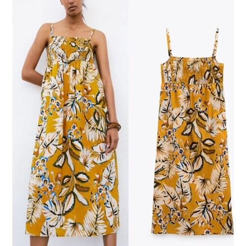 Za Dress Women 2021 Vintage Print Straight Neck Summer Midi Dresses Chic Straps Smocked Elastic Chest Ruched Female Dress Mujer