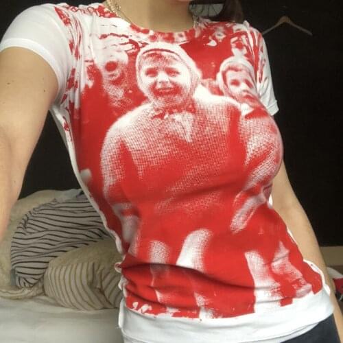 Womens Portrait Print T-Shirt y2k Aesthetic Vintage T-shirt Summer Trendy Short Sleeve Round Neck Slim Fitted Tops Streetwear