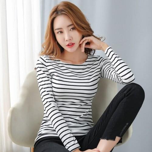 2020 Spring Slim Long Sleeve Shirt Women Tees Korean Style Tshirts Cotton T shirt Stried Plus Tshirts Cotton Plus Size Lady Casu