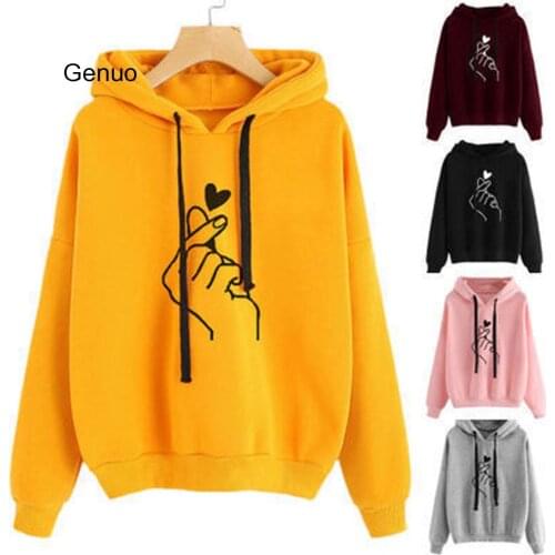 Womens Sweatshirt And Hoody Ladies Oversize K Pop Yellow Pink Love Heart Finger Hoody Casual Autumn Women Hoodies Harajuku