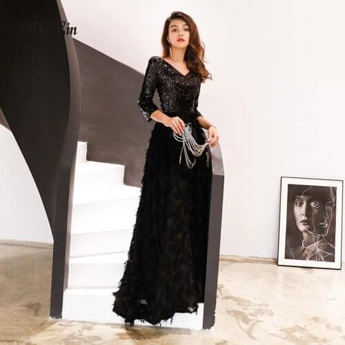 Wei yin Robe De Soiree 2021 New Elegant A Line V Neck Black Lace Long Formal Evening Dresses Sequined Party Gowns WY113