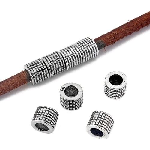 10Pcs Antique Silver Color 5mm Hole Round Slider Beads For Round Leather Jewelry Diy Bracelet Necklace Jewelry Findings Bijoux