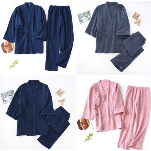 2021 Japanese Kimono Set 100%cotton Pajamas Two-piece Couple Yukata Loose Mens and Womens Sweat Steaming Suit Home Service Set