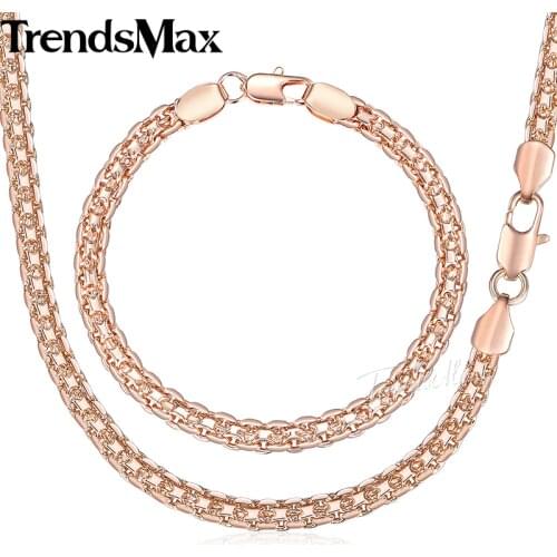 Trendsmax 5mm Jewelry Set Necklace Bracelet for Women Men 585 Rose Gold Weaving Bismark Link Fashion Jewelry 2018 Gift KGS275
