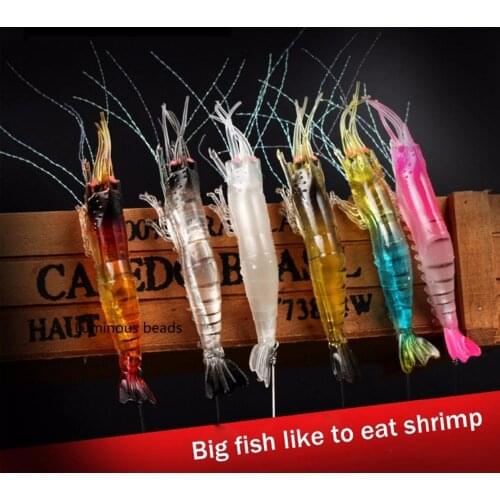 9.5cm 6g Artificial Silicone Soft Bait Luminous Shrimp Mixed Color Spinner Crank-Bait Fishing Lure with Hook Fishing Tackle 6pcs