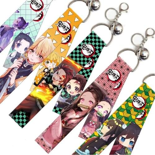 Anime Demon Slayer Lanyard Hanging Kimetsu No Yaiba Ribbon Pendant Vintage Key Rings Holder Cosplay Jewelry Halloween Gift