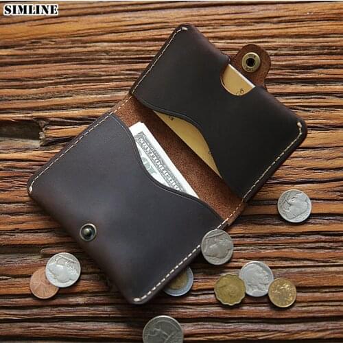 SIMLINE Genuine Leather Card Holder For Men Male Vintage Handmade Crazy Horse Leather Credit Card Holder Case Small Wallet Purse