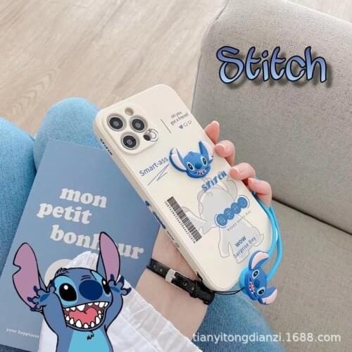 Disney Mickey Mouse Stitch Mobile Phone Case Cartoon Cute Lanyard Silicone Protective Cover for IPhone12/11pro Max 87plus XR XS