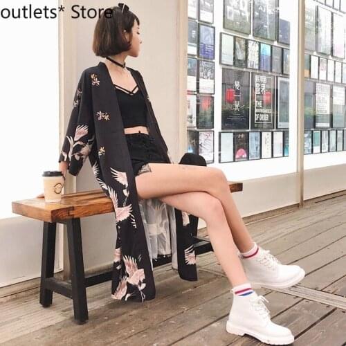 Long Style Woman Japanese Fashion Cardigan Sunscreen Haori Coat Thin Kimono Pajamas Sleepwear Crane Print Yukata Bathing Robe