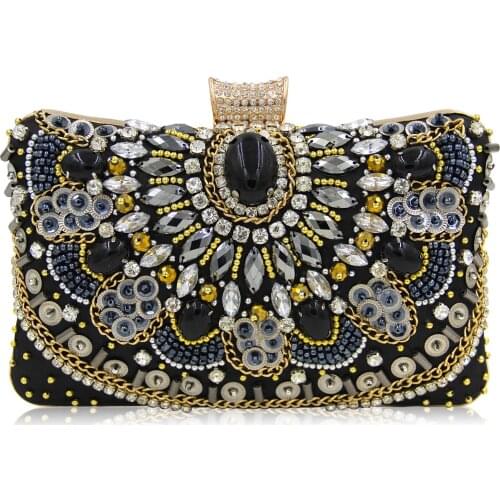 Clutch Sequin Bead Chain Strap Evening Craft Embroider Embellish Vintage Black