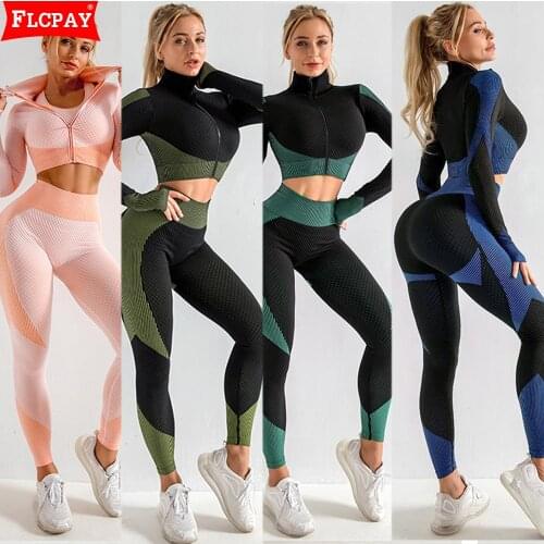 Womens Seamless Yoga Set Workout Gym Yoga Clothing Long Sleeve Zippered Shirts High Waist Leggings Fitness 3pcs Sports Suits