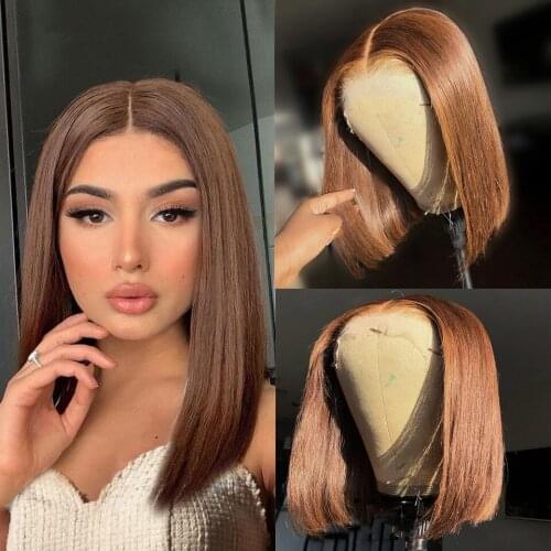 Short Bob Wig Brown Straight Lace Front Bob Wig For Women Brazilian Human Hair Wig T Part Lace Front Wig Remy Hair 180% Density