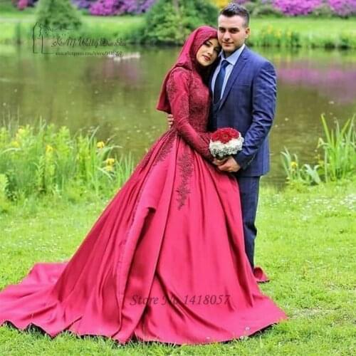 Red Islamic Long Sleeve Muslim Wedding Dress With Hijab Lace Wedding Gowns Bride Dresses Turkey High Neck Vestido de Casamento