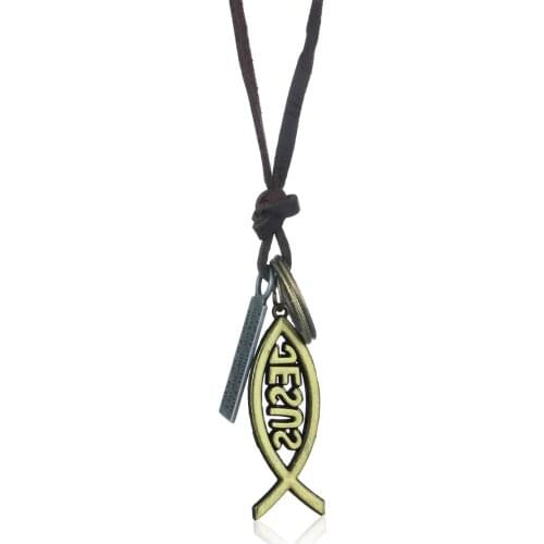 Redeemer Igesas Jesus Fish Pendant Necklaces for Men Bronze Color Leather Rope Chain Jewelry Iesous Christos Theou Uios Soter