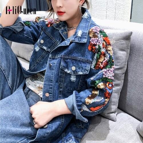 2020 Women Glitter Sequin Denim Jacket Womens Jackets and Coats Streetwear Holes Beading Jeans Jacket Outerwear Chaqueta Mujer