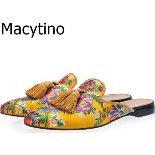 Luxury Brand Men Slippers Floral Embroidery Shoes Gold Canvas Fringe Tassels Men Slippers Plus Size 40-46