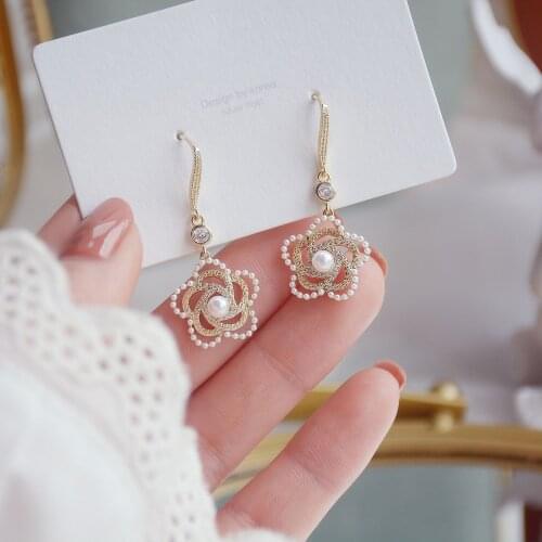 2021 new arrival 14K real gold plated pierced flower stud earrings for women luxury jewelry zircon pearl earrings