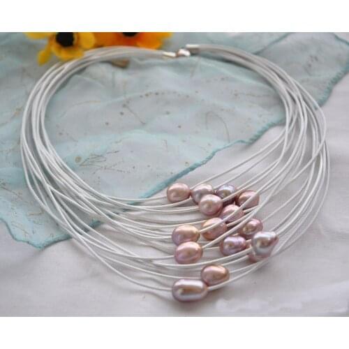 New Arriver Real Pearl Leather Necklace,15 strands 13mm Lavender Rice Freshwater Pearl White Leather Jewellery 20inches
