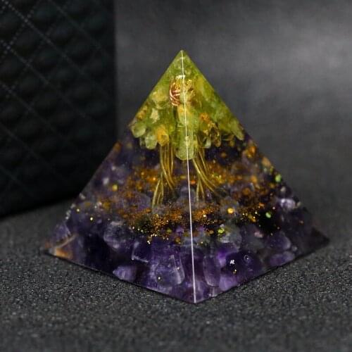 Orgonite Tree of Life Peridot Pyramid Healing Crystals for Protection Meditation Yoga Energy Generator Figurines Miniatures