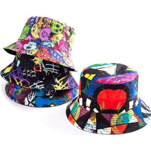 Summer Bucket Hat Men Women Fashion Cotton Cartoon Print Two Side Fisherman Hat Foldable Travel Bob Girl Outdoor Hip Hop Panama