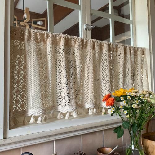 Vintage Crochet Short Curtains for Living Room Bedroom American Bathroom Kitchen Cupboard Curtain with Tassels Window Valance
