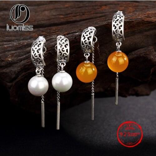 Ethnic 925 Sterling Silver Fine Jewelry Natural Chalcedony Pearl Earrings for Women Bijoux