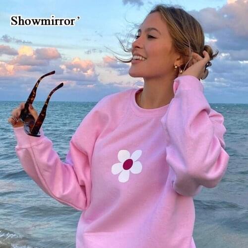 Showmirror Pink Casual Oversized Sweatshirt Women Long Sleeve Floral Print Pullover Autumn Baggy Cute Top White Basic