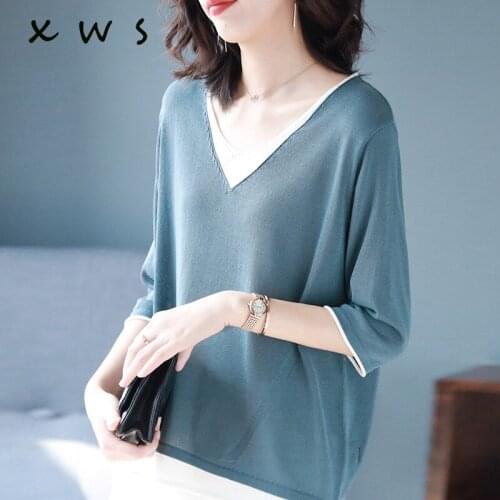 Summer Sweater Women loose Casual pullover fashion V neck patchwork Knitted sweater 3/4 sleeves thin sweater female