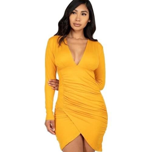 Women Solid Wrap Skinny Short Dresses Sexy Deep V Neck Full Sleeve Draped Sheath Dress Office Lady Formal Pencil Vestidos New
