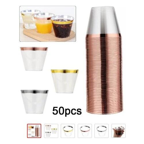 50pcs Rose Gold Border Wine Cup 9oz Plastic Glass Cup Clear Disposable Edging Decor For Wedding Party Dinking Cocktail Supplies