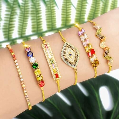 Lucky Evil Eye Turkey eye Charm Bracelet & Bangles Rainbow Zircon CZ Gold Adjustable Bracelet Set for Women Jewelry Best Gift