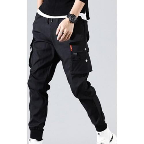 Mens Hip Hop Style Pants Basic Black Drawstring Multi Pockets Loose Pencil Pants Casual Safari Button Harem Sweatpants Trousers