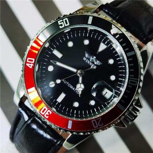 Winner New Fashion Black Red Sport Watches Calendar Display Automatic Mechanical Watches For Men Luminous Hands Genuine Leather